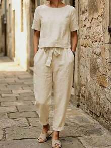 Conjunto casual de 2 piezas de unicolor para mujer, blusa de manga corta y pantalón largo de unicolor, uso diario elegante para el verano - Albaricoque - Ver 4