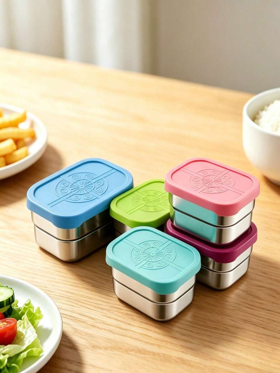 304 Stainless Steel Rectangular Sauce Bowl With Silicone Lid, Children's Snack Storage Box, Leak-Proof Salad Dressing Container