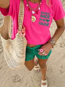 Women's T-Shirt, Street Style Casual Short-Sleeve Graphic Tee, Cute Summer Top - 紫紅色 9 - 查看 2