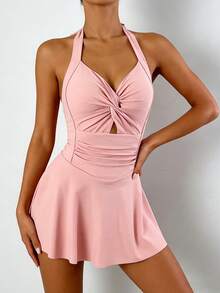 Traje de baño minimalista de una pieza para mujer, traje de baño de verano de una pieza para mujer, traje de baño que estiliza la figura para vacaciones en la playa, diseño de color liso, con pliegues en el pecho y los hombros, adecuado para vacaciones en la playa, fiestas en la piscina y fiestas en la playa. - Rosa - Ver 5