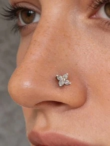 1 chiếc khuyên mũi hình cỏ bốn lá đính đá Cubic Zirconia, khuyên mũi bạc không gây dị ứng, trang sức xỏ khuyên hình hoa may mắn. - Bạc - Xem 1
