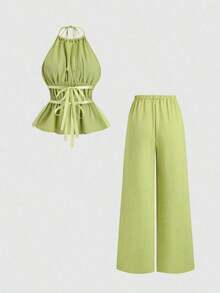 Conjunto de dos piezas para mujer estilo francés elegante color café, top halter de escote alto con tirantes finos, cintura fruncida y dobladillo peplum, combinado con pantalones anchos holgados de cintura elástica, tejido texturizado fresco y cómodo, ideal para uso diario, brunch, citas, salidas casuales, vacaciones y looks sofisticados de primavera y verano - Verde - Ver 2
