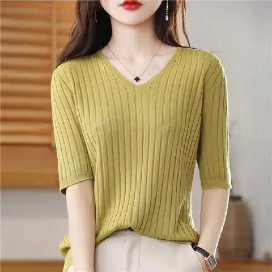 2025 nueva primavera novedad de verano mujer cuello en V de manga corta exquisito suéter de punto de Cachemira pulóver Color sólido - Amarillo hoja de otoño - Ver 1