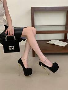 Giày cao gót mũi tròn cổ điển cao 17cm, giày nữ thanh lịch, đa năng, quai ngọc trai thoải mái, giày đa dụng - màu đen - Xem 2