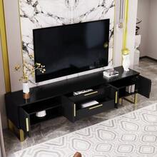 High-Gloss TV Unit: Gold Base, Handles And Legs, Engraved Textured Door, Living Room Storage Solution, Perfect Combination Of Elegance, Luxury And Functionality. - Black - View 4