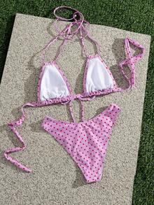 Conjunto de bikini de 2 piezas para mujer 2026, rosa y morado con lunares oscuros, top de copa triangular con lazo, braguita triangular, atuendo sexy para vacaciones en la playa - Lila Púrpura - Ver 3