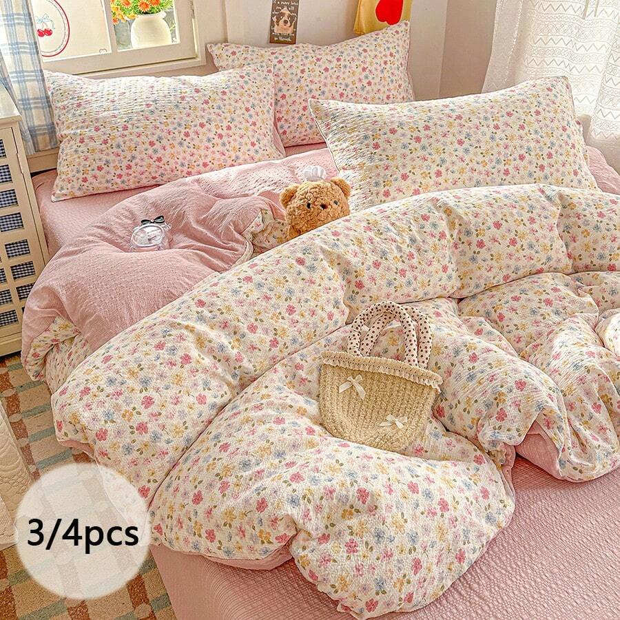 3/4件套床上用品,少女风碎花雪纺被套套装,ins风柔粉色碎花床上用品套装,饰以鲜花绿叶图案,适用于卧室、客房和宿舍,包含1个被套(不含填充物)、1个床单、1/2个枕套(不含填充物)。 - 粉紅花影 - 查看 1