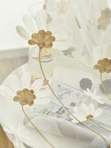 1pc Luxury Sheer Curtain With Grommet, Beige Daisy Embroidery Design For Living Room, Bedroom, Balcony, Allows Light Penetration - Multicolor - View 3