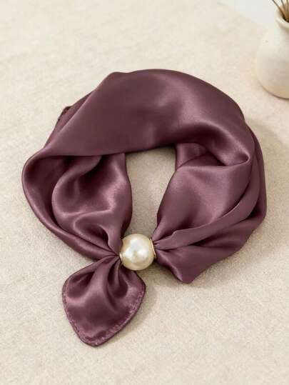 1pc Solid Color Bandana Magnetic Clasp Scarf, New Fashion Pearl Necklace Elegant Neck Scarf For Women