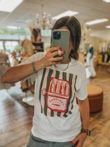 Camiseta de manga corta de cuello redondo con estampado de sardinas enlatadas, de ajuste regular, adecuada para primavera y verano, color blanco - Blanco - Ver 5