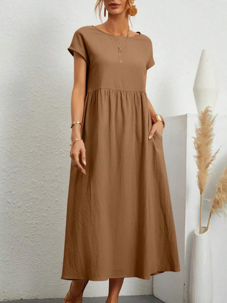 Vestido largo holgado de lino y algodón para mujer, prenda elegante y lisa de manga corta con cuello redondo, Estilo Vintage Harajuku, Y2K - Marrón - Ver 1