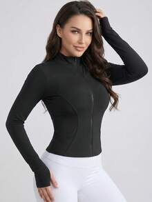 Women's Solid Color Stand Collar Activewear Jacket, Lightweight Full-Zip Yoga Jacket Suitable For Outdoor Running, Slim-Fit Design With Thumb Hole, Suitable For Indoor/Outdoor Sports - Gym Workout - Black - View 9