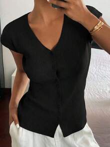 Top de punto para mujer, color taupe, cuello en V, manga corta, ajustado y elástico, ideal para verano - Negro - Ver 5