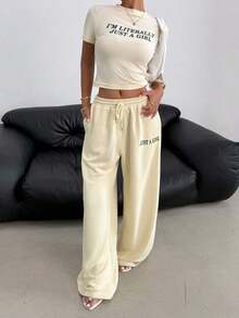 Muchic Conjunto de ropa casual y de uso doméstico de unicolor con cuello redondo, manga corta y ajustado, con estampado para mujeres, para verano - Amarillo - Ver 5