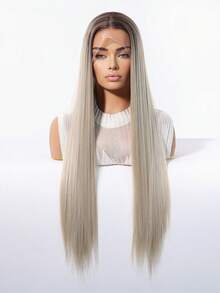 Perruque synthétique lace front de 30 pouces, cheveux longs et droits, racines foncées, pré-épilée, résistante à la chaleur, sans colle, aspect naturel, légère et respirante, lisse et facile à porter pour un usage quotidien, fête ou cosplay - Ombré - Voir 5