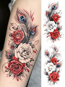 2 Sheets Big Size Body Art Temporary Tattoo Stickers For Women, Red White Rose Peacock Feather Flowers Mixed Pattern, Waterproof Fake Tattoo, Lasts 2-5 Days, Covering Scars,Can Be Used On Arms Wrist Shoulders Legs Waist Neck Hand Chest Thighs Finger Ankle, Suitable For Parties, Gifts, Vacations, Body Decoration - Multicolor - View 1