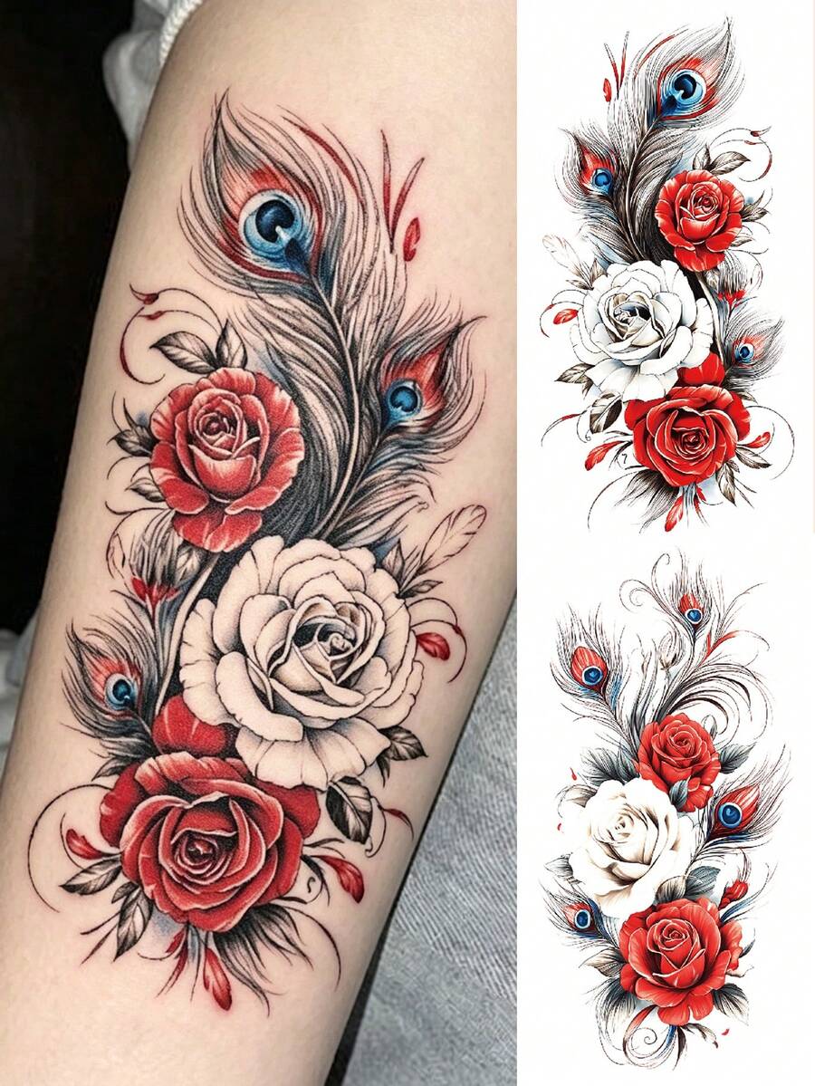 2 Sheets Big Size Body Art Temporary Tattoo Stickers For Women, Red White Rose Peacock Feather Flowers Mixed Pattern, Waterproof Fake Tattoo, Lasts 2-5 Days, Covering Scars,Can Be Used On Arms Wrist Shoulders Legs Waist Neck Hand Chest Thighs Finger Ankle, Suitable For Parties, Gifts, Vacations, Body Decoration - Multicolor - View 1