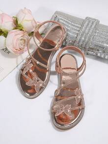Summer New Round Toe Thin Strap Glass Rhinestone Cute Bow Slip-On Elastic Ankle Strap Women Casual Fashion Open Toe Beach Sandals Suitable With Dress - Champagne - View 6