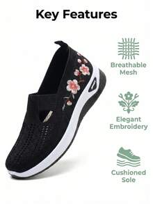 Zapatos casuales de mujer con diseño de bordado de flor de ciruelo y malla, cómodos y duraderos, adecuados para personas mayores y madres para uso diario, caminar y conducir - Negro - Ver 6