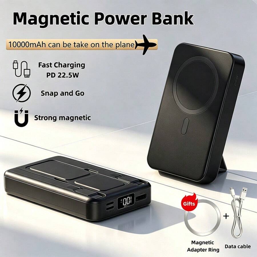 GAWFOLK Sạc dự phòng từ tính sạc nhanh di động dung lượng 10000 mAh, sạc nhanh 22.5W tích hợp giá đỡ và hai cáp sạc, có thể sạc đồng thời lên đến 5 thiết bị, màn hình hiển thị LED kỹ thuật số, dung lượng lớn, phù hợp làm sạc khẩn cấp di động, tương thích sạc từ tính cho iPhone 17, 16, 15, 14, 13, Pro và Pro Max, lý tưởng cho cắm trại, du lịch hàng không, đi biển, văn phòng và các dịp khác, quà tặng tuyệt vời cho ngày lễ, Ngày của Mẹ, Ngày Tưởng niệm, khởi động mùa hè. Sạc đồng thời. - Sạc dự phòng cao cấp 10000mAh (kèm đế và hai dây nguồn, màu đen) - Xem 1