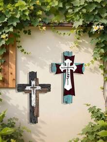 1 pieza Decoración de cruz de metal, colgante de pared de madera falsa, adecuado para decoración interior de sala de estar, cocina, baño, dormitorio, decoración de jardín exterior, cerca, estilo rústico, decoración del hogar, Navidad, Halloween, Pascua, artesanía religiosa - Multicolor - Ver 5