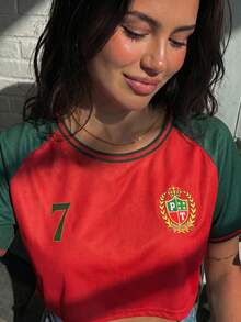 Women's Casual Portuguese Mesh Asymmetric Loose Short T-Shirt, Streetwear Style, Suitable For Summer And Spring, World Cup Red - Red - View 8