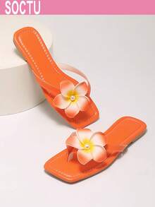SOCTU Dép xỏ ngón nữ họa tiết hoa, mũi vuông, đế bằng, thích hợp đi biển vào mùa hè. - trái cam - Xem 3