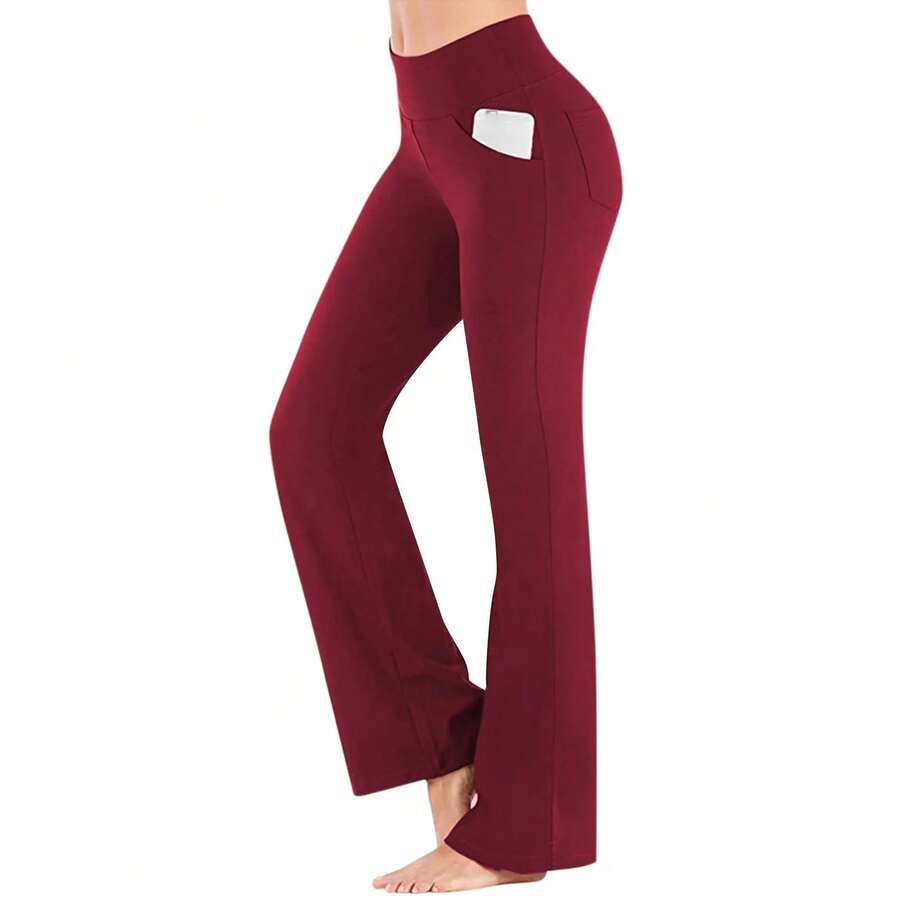 Leggings acampanados, pantalones básicos de Yoga con bolsillos, pantalones cómodos transpirables de cintura alta para mujer, pantalones ajustados acampanados deportivos para gimnasio - Vino - Ver 1