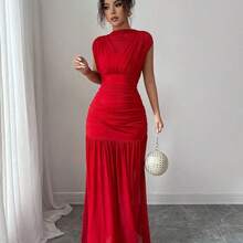Elenzya New Fashionable Solid Red Mini Stand Collar Sleeveless Sexy Hollow-Out Mesh Splice Pleated A-Line Maxi Dress For Women, Suitable For Graduation Party, Holiday, Date - Amarillo - Ver 6