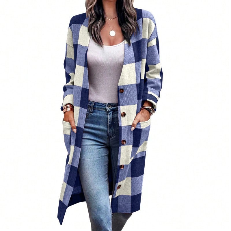 Women's Plaid Button Front Coat Loose Fit Pocket Long Sleeve Casual Autumn Winter Cardigan Jacket - Blue - View 1