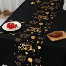 1 件装黑金生日主题桌旗,两种款式可选:黑色底金色生日蛋糕、烟花和“生日快乐”字样,或黑色底重复金色“生日快乐”字样、气球和烟花图案,100% 涤纶面料。 - 彩色 - 查看 13