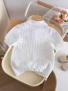 2pcs/Set Girls Cute Solid Color Embroidered Bow Polo Collar Knit Pullover Sweater, Lightweight Hollow Out Button Cardigan, Suitable For Casual Daily Wear In Spring, Summer, Autumn - White - View 2