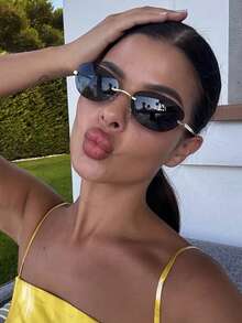 1 pieza Gafas ovaladas sin marco personalizadas, gafas multifuncionales retro Y2K grandes para mujer, adecuadas para viajes, vacaciones, regalo, uso diario, accesorio de playa - Negro - Ver 1