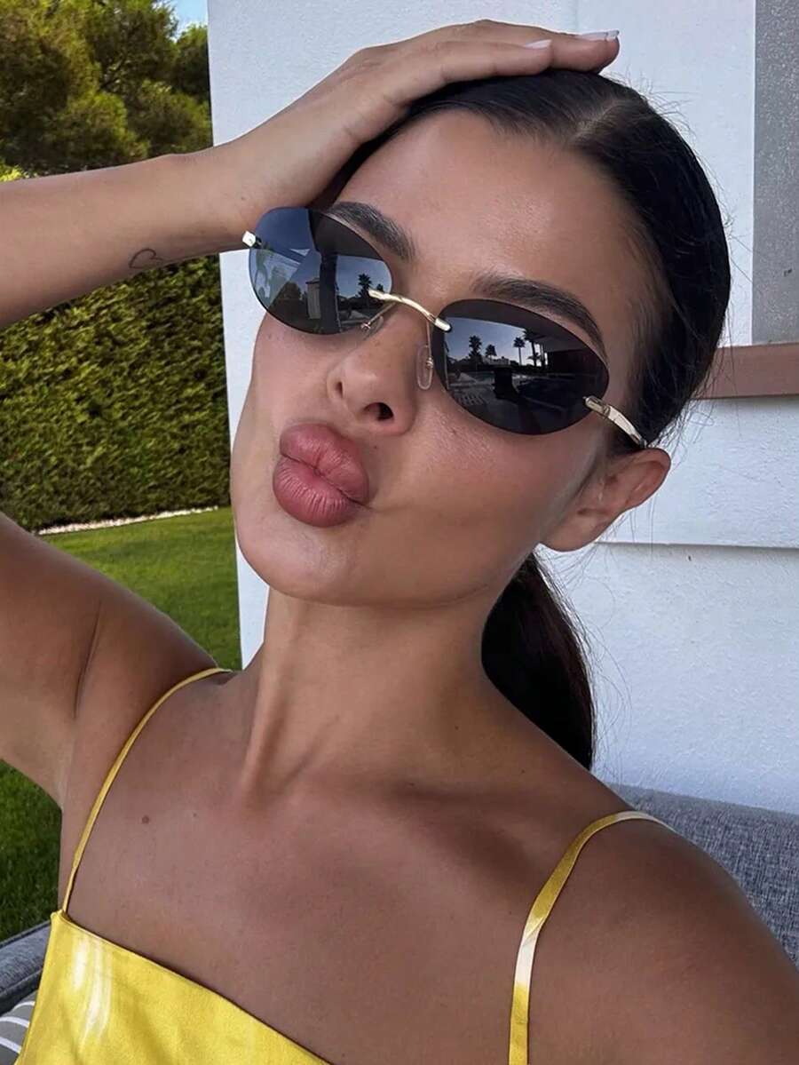 1 pieza Gafas ovaladas sin marco personalizadas, gafas multifuncionales retro Y2K grandes para mujer, adecuadas para viajes, vacaciones, regalo, uso diario, accesorio de playa - Negro - Ver 1