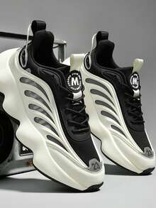 New All-Season Men's Casual Shoes, Men's Sneakers, Outdoor Casual Sports Breathable Mesh Lightweight Low-Top Thick-Soled Fashionable Beige/Black Chunky Sneakers - Black and White - View 8