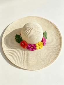 1 pièce Chapeau de paille élégant et décontracté de style bohème, chapeau de paille à large bord décoratif en forme de dôme avec fleurs, chapeau de soleil à la mode pour les vacances à la plage, polyvalent pour toutes les saisons, les vacances et les voyages - A - Voir 10