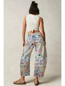 Vintage Floral Print Barrel-Shaped Jeans High-Waisted Wide-Leg Yellow Denim Trousers Vintage Y2K Style Casual Pants - 卡通塗鴉 - 查看 2