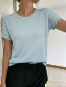 Solid Color Minimalist Fashionable Breathable Round Neck Short Sleeve Knit Top Summer - Baby Blue - View 1