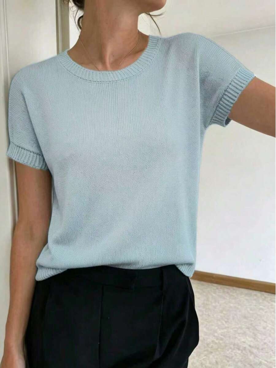 Solid Color Minimalist Fashionable Breathable Round Neck Short Sleeve Knit Top Summer - Baby Blue - View 1