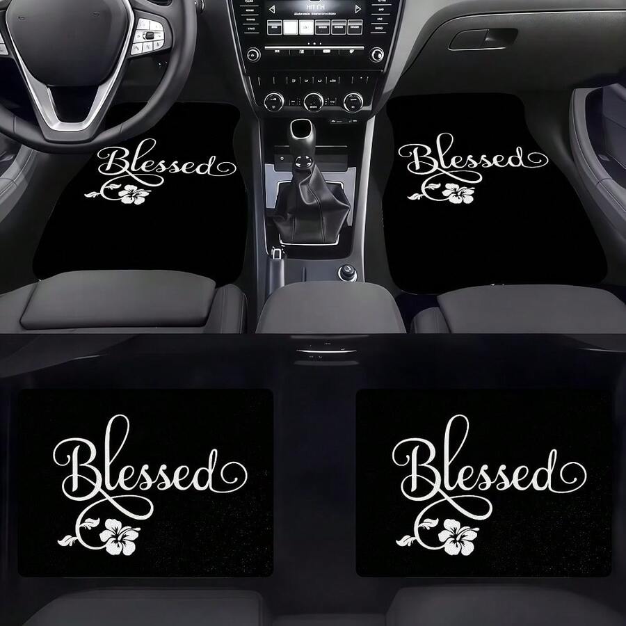 Car Floor Mats 4pcs, Material, Elegant "Blessed" Floral Design, Fit For Cars, Easy To Clean & Durable, Ideal For Auto Interior Decoration - Style 1 - View 1