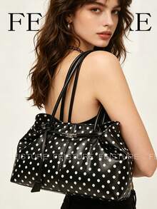 1 pieza Bolso de mano con decoración de correa a lunares negros, bolso de hombro de moda, adecuado para chicas, mujeres, estudiantes universitarias, jóvenes profesionales, excelente para el trabajo, los negocios, el transporte y la escuela - Negro - Ver 6