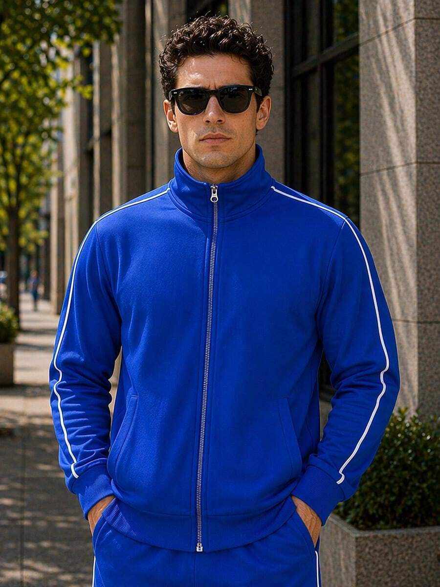 Men's Contrast Pipe Side Stripe Solid Color Zip Up Track Jacket Activewear Top - Blue - View 1