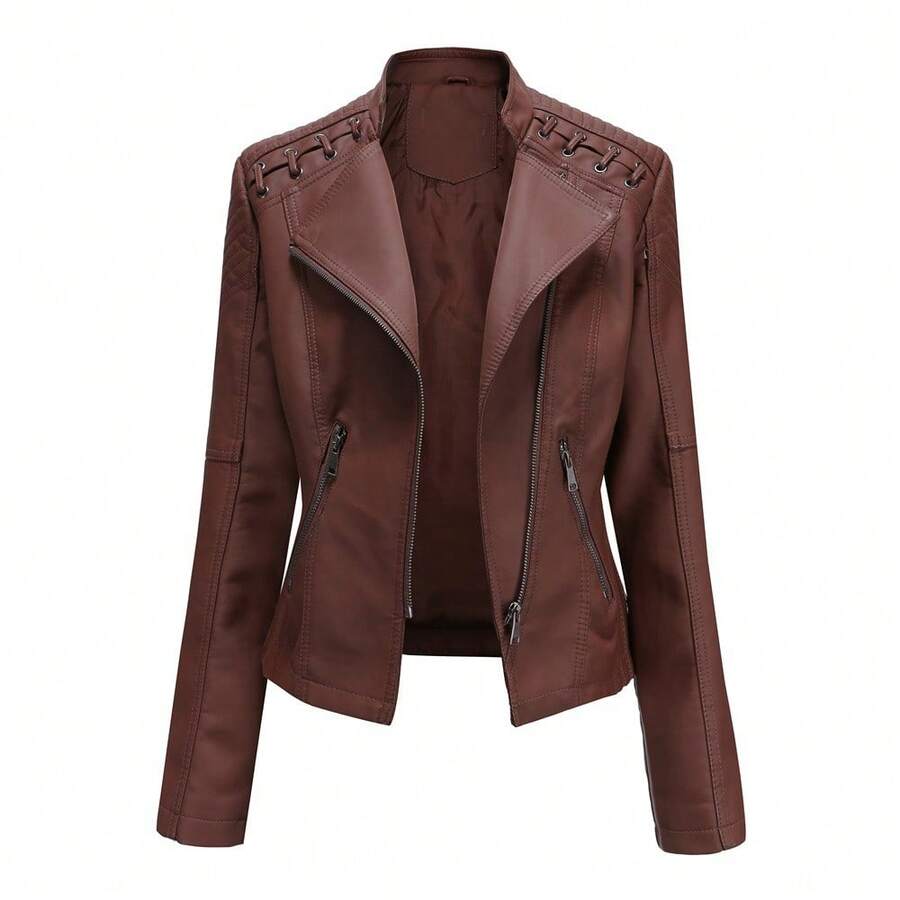 Women's Slim Fit Faux Leather Jacket Short Motorcycle Style Zip Up Casual Spring Autumn Coat - Coffee - View 1