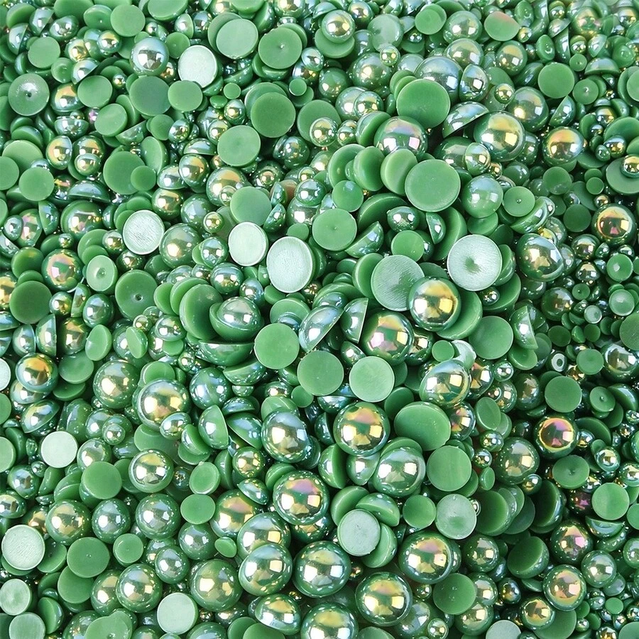 1100pcs 3-10mm Mixed Pearl Resin Rhinestone Flat Back Pearls, DIY Jewelry Accessories For Phone Case, Mirror, Cup, Crafts, Shoes - Green - View 1