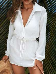 Swim  Camisa de pullover casual y elegante con botones para mujer para vacaciones en la playa, vestido de playa versátil corto y delgado con mangas farol anudadas - Blanco - Ver 5