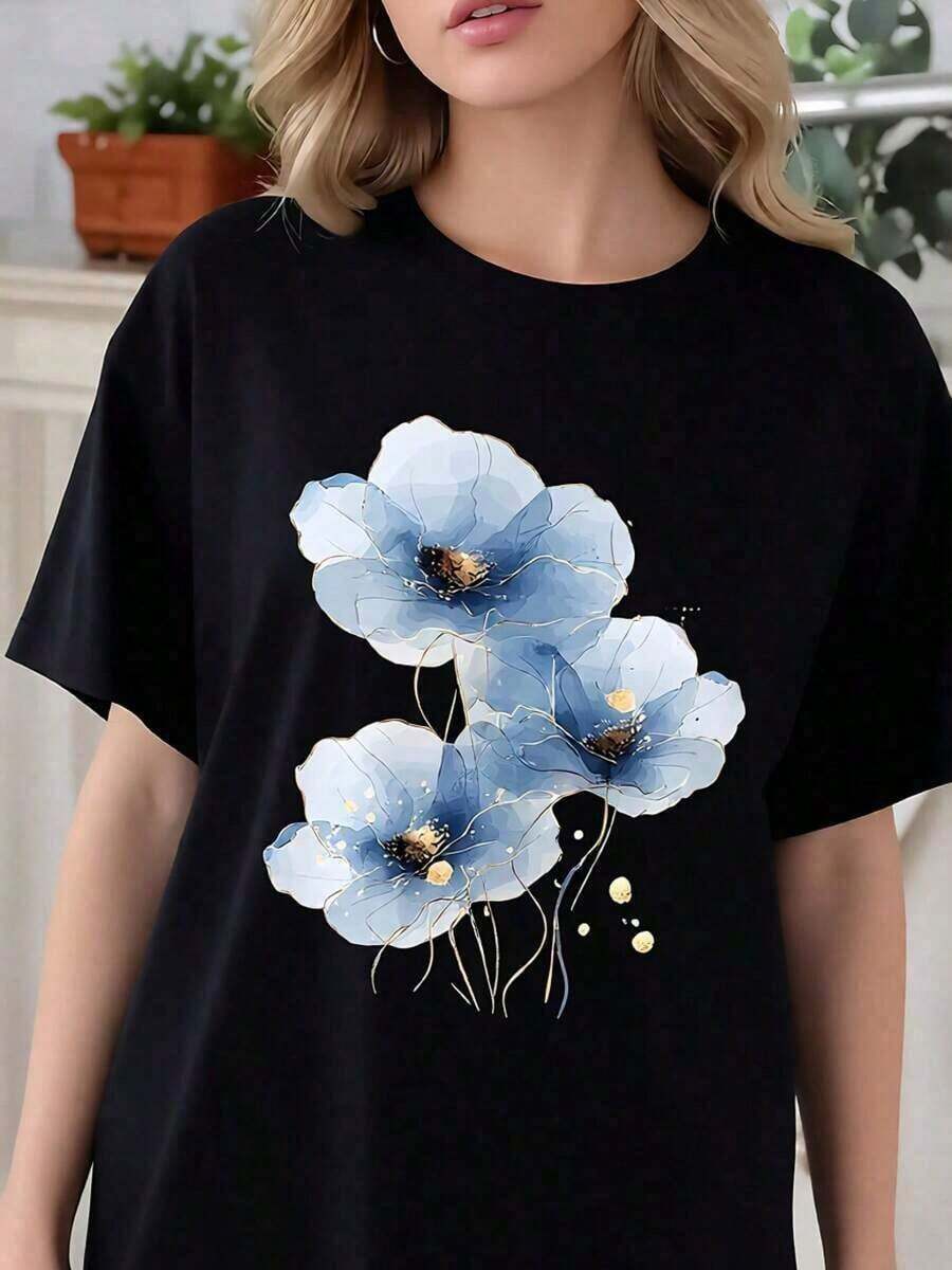 1 pieza, camiseta de algodón de talla grande para mujer con estampado floral azul, corte holgado informal, manga corta, top de verano, camisa tipo túnica con cuello redondo para mujer. Camisa/camiseta estampada de manga corta, casual y elegante para mujer, transpirable, adecuada para deportes al aire libre, uso diario, regalos de cumpleaños, regalos de Navidad, regalos de Halloween o como camisa conmemorativa para amigos o seres queridos. También Adecuado Para Entrega Rápida, Camisetas Gráficas Estilo Western, Ropa Para Hombre, Camisas Para Hombre, Camisetas Gráficas, Ropa Para Mujer, Tops De Verano, Ropa De Verano, Camisetas Gráficas - Negro - Ver 1