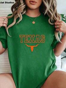 Soft Cotton Summer T-Shirt, Plus Size, Elegant Blouses For Women, Women's Oversized Black T-Shirt With Texas Longhorns Graphic Print, Graphic T-Shirts For Women By U - 綠色 - 查看 2