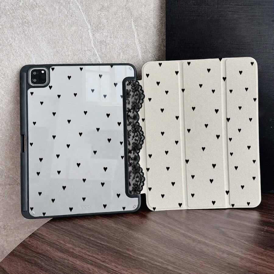 1件裝黑色迷你愛心印花平板保護殼,附筆槽,適用於 iPad 第10代 10.9吋 2022 智慧保護殼 / Air 13 (M3 2025) / Air 11 (M3 2025) / 11 (A16 2025),自動休眠/喚醒功能,時尚平板配件,相容於 5/5PR/6/6PRO/7/7PRO/Galaxy Tab S10+/S9/A9,相容於 Pad 5/6/7,相容於 Matepad - 彩色 - 查看 1