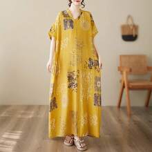 Vestido midi de cuello ancho y manga corta para mujer, largo extendido, mezcla de algodón y lino, fino, con cuello en V, idea... - 5909 Azul marino - Ver 3