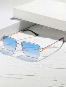 1 Pair Women's Blue Square Rimless Minimalist Fashion Sunglasses, Suitable For Vacation, Party, Street Photography, Carnival, Outings And More - Baby Blue - View 4